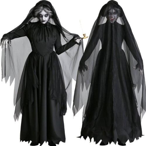 Halloween Ghost Bride Cosplay Costume Black Vampire Women Adult Halloween Carnival Party Cosplay Costume Devil Dress Veil Set