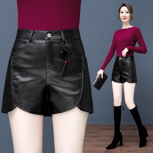 Leather Shorts Womens High Waist Autumn and Winter Leather Pants New All-match Slim Short PU Leather Pants Leather Boots Pants