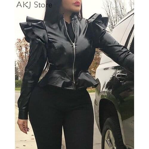 Faux PU Leather Ruffles Long Sleeve Zipper Jacket Coat