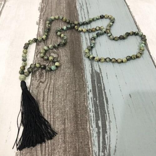 Mala Beads Knotted Necklace For Men African T-urquoise Mala Black Tassel Boho Necklace Yoga Meditation Necklace