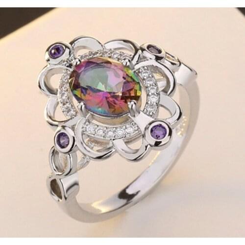 Milangirl Hollow Flower Shaped Rainbow Colorful Oval Crystal Rhinestone Zircon Ring for Women Wedding Engagement Fashion Jewelry