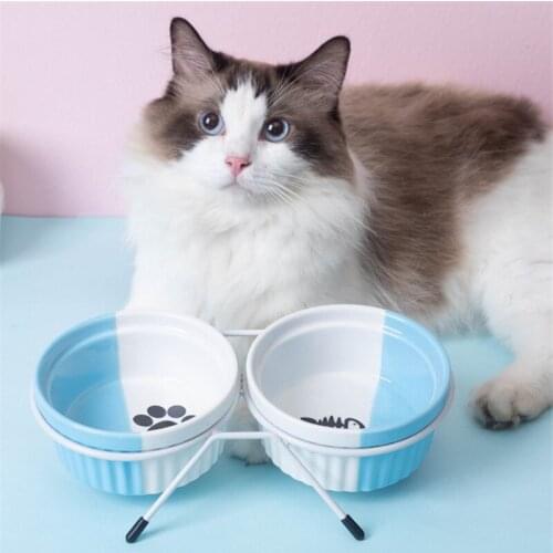 Cute Cat Bowl Ceramic Double Bowl Protection Cervical Spine Anti-Overturning Water Dual-Use Cat Food Holder Cat Supply Pet Bowl