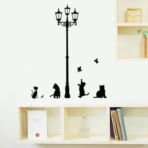 Cute 4 Cats under Street Light playing with butterfly Wall Sticker for Living Room Art Home Decoration on the Wall for Kids Room