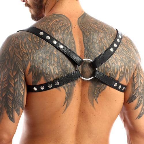 Mens Adjustable Flexible Faux Leather X Shape Back Body Chest Harness Bondage Gay Costume with Press Buttons Club Wear Costume