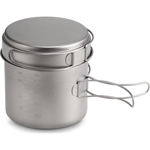 Outdoor 1100ML / 1600 ML Titanium Pot Pan Set Super Lightweight Camping Cookware Set Portable Cooking Tool with Folding Handle