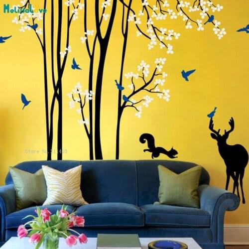 Long Trees Nursery Tree Wall Decals With Squirrel Deer Lovely Animals Removable New Art DIY Stickers For Kids Room YT4730