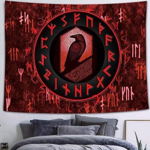 Viking Raven Tapestry Psychedelic Viking Meditation Runes Wall Hanging Art Mysterious Cloth Tapestries for Bedroom Home Decor