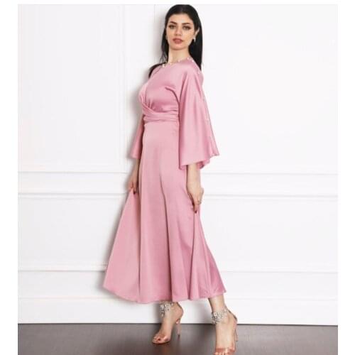 2021 New Middle East Dubai High Class Satin Lotus Sleeve Dress Muslim Womens Long Skirt Girl Spring, summer and Autumn Pink