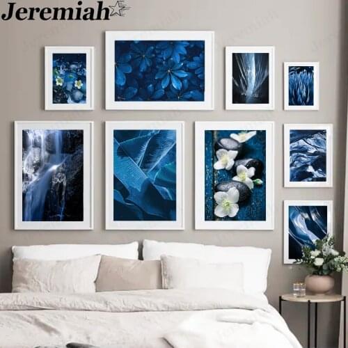 Blue Plant Canvas Poster Waterfall Banana Leaf Flower Painting Picture Print Wall Art Modern Home Room Decoration Accessories