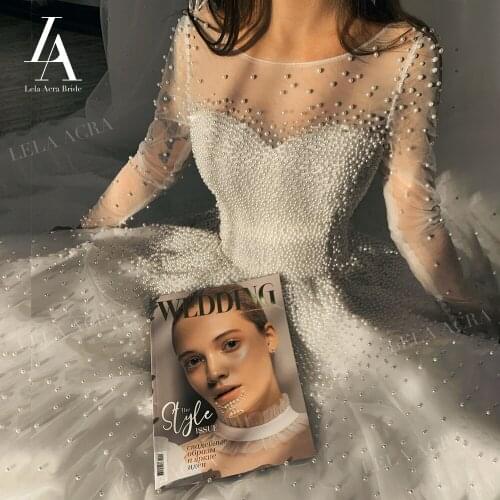 Long Sleeve Pearls Wedding Dresses 2021 Luxury Ball Gown Bridal Princess Vestido De Novia LelaAcra LI44 Plus Size Party Dress