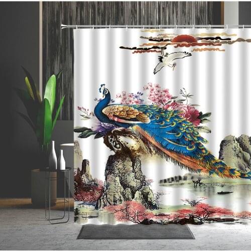 Hand Painted Shower Curtain Peacocks Mountain Water Flower Red-Crowned Crane Animal Bamboo Bird Machine Washable Bathroom Decor