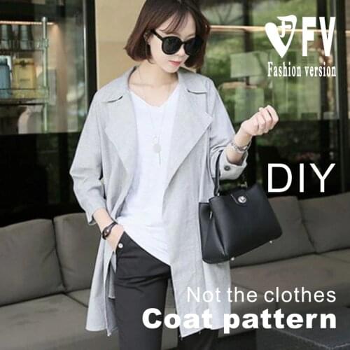 Sewing drawings womens lapel linen blended mid-length casual windbreaker jacket 1:1 garment making pattern BWT-41