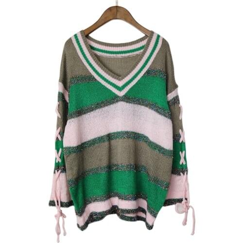 Autumn Winter Pullover Sweater 2020 V Neck Lace Up Sweater Casual Loose Striped Chic Knitted Ladies Tops