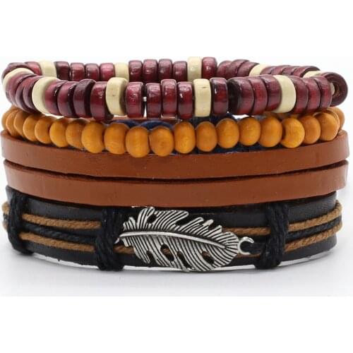 Leaf Braided Wood Beads Kahaki Fashion Boho Rivet Woven Men Leather Bracelets Women Vintage Bangle Male Jewelry Accessories