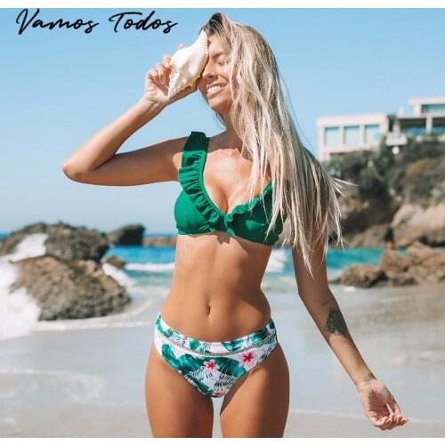 Vamos Todos 2021 New Summer Floral Swimming Suit For Women Ruffle Top Bathing Swimear Beach Sexy 2 Piece Set Bikini Swimsuit