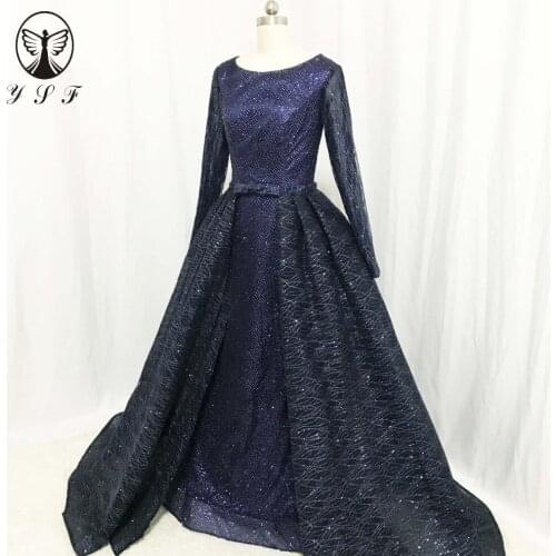 Arabian Design Long Sleeve Evening Dresses Boat Neck Glitter Fabric Dark Navy Formal Vestidos De Fiesta with Overskirt