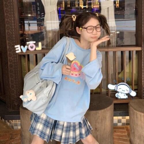 Harajuku Spring Autumn Cake Printing T-shirt Japanese Cute Loose O-Neck Long-sleeved T-shirt Soft Girl Bottoming Shirt Top Women