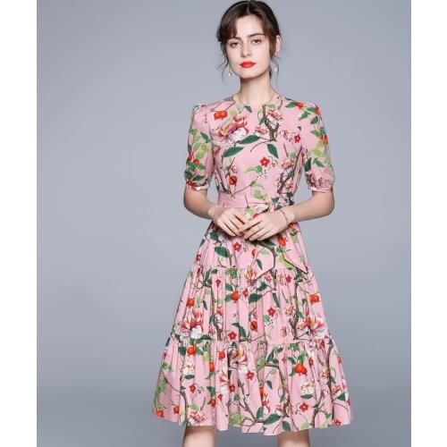 LLZACOOSH Women Floral Print Summer 2021 New Temperament Patchwork Short Sleeve Chic Slim Belt A Line Midi Office Dress