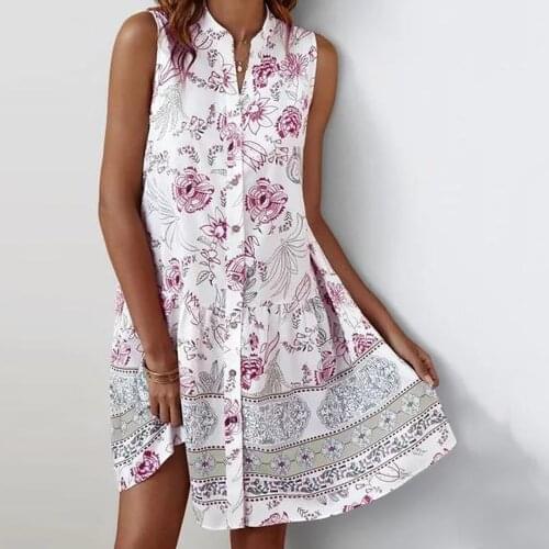 Casual Loose Short Dress WomenS 2021 New Summer Stand-Up Collar Stitching Flower Print Dress Bottom Cardigan Women Clothes