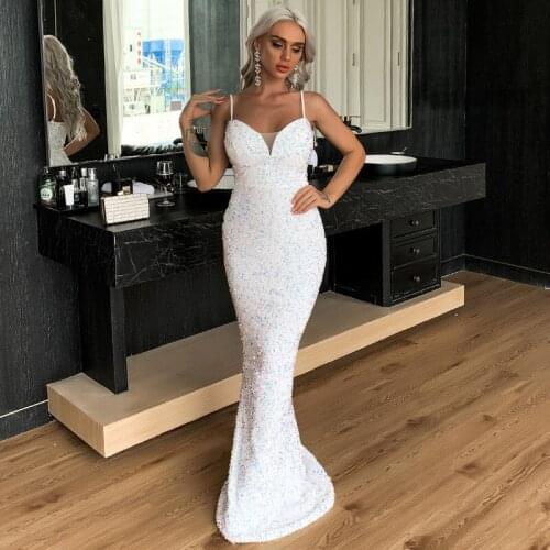 CloverBridal Spaghetti Straps White Sequined Mermaid Evening Dress Free Customized vestido de fiesta de boda DH9472