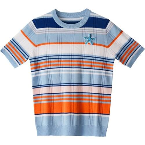 2020 Summer Women designer sequins star Knitted Sweaters Short sleeve contrast color stripe Ladies Casual Sweater Tops JC438
