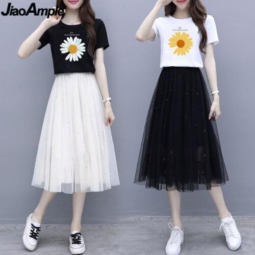 2020 Summer Korean Women Fashion Daisy Print T-shirt Skirts Set Girls Student Mesh Dress Wholesale