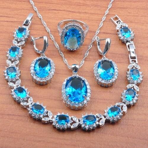 2021 New Fashion Sky Blue Zirconia Silver Color Jewelry Sets For Women Wedding Earrings Necklace Rings Bracelet JS0459
