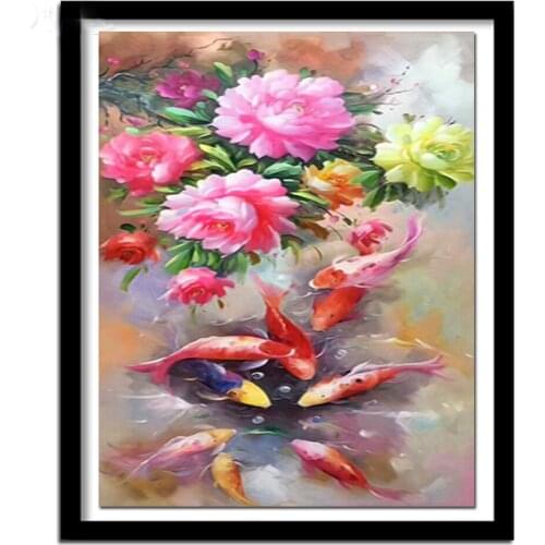 5D Diy Diamond Painting Koi Peony Full Round Square Drill Diamond Embroidery Animal Fish Diamond Mosaic Flowers