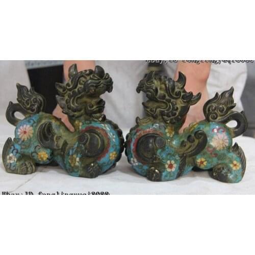 6" Chinese Cloisonne Enamel Pure Bronze Kylin Lion Foo Dog Animal Beast Figurine