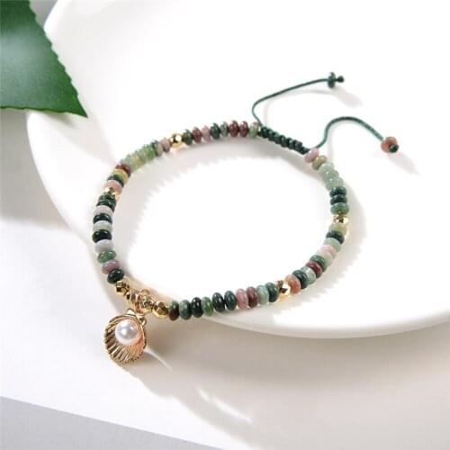 Natural Stone Indian Onyx Bracelet Charms Shell Shape Pendant Handmade Tassel Strand Bracelets for Women Agates Bangle 18cm B409