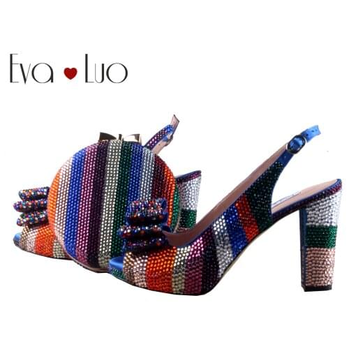 BS1147 DHL Custom Handmade Multicolor Crystal Bow Shoes with Matching Bags Set Slingbacks Block Heel Women Bridal wedding Shoes