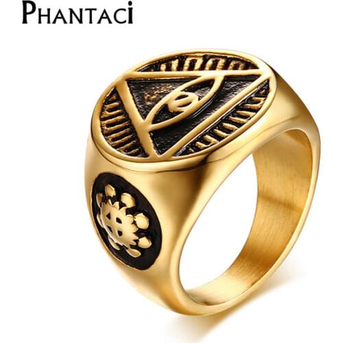 Phantaci Vintage Style Black Man Ring Illuminati Pyramid Eyes Symbol Pattern Gold Color High Quality Stainless Steel Male Rings