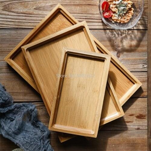 Wooden Bamboo Kung Fu Tea Cup Saucer Fruit Plate Large Serving Storage Tray Vintage Food Bowl Drying Dishes Rectangle Pallet