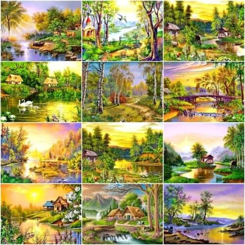 GATYZTORY Oil Painting By Number Sunset Landscape Kits For Adults Handpainted DIY Houses Scenery On Canvas Home Decor 40x50cm