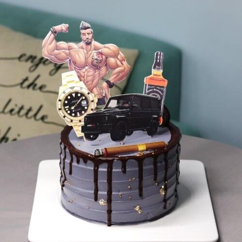 Handsome Muscle Fitness Man Wine Watch Car Rich Theme Cake Topper Dad Happy Birthday Cake Decoration Fathers Day Gift