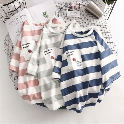 Summer Loose Striped Short-Sleeved T-shirt Womens Sleeves Top Clothes