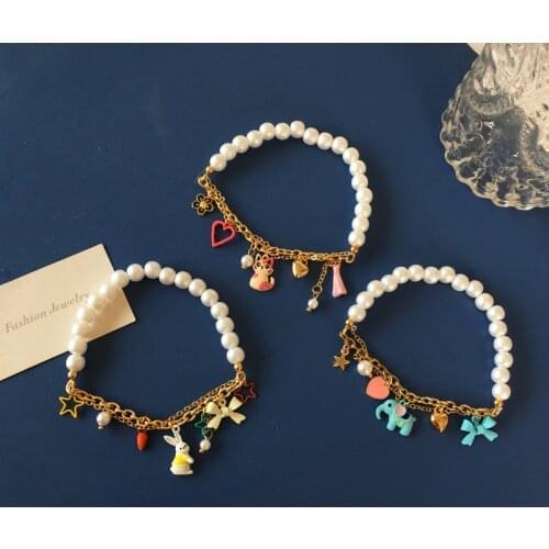 Cute Animal Gift Cat rabbit elephant chain Bracelet Love Bowknot Tassel Pearl Stitching Bracelet for women