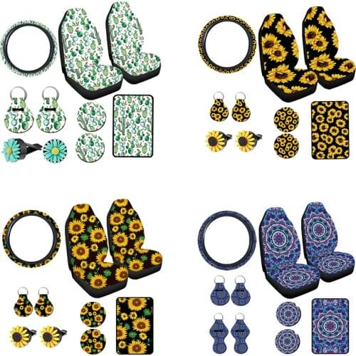 10 Pack Sunflower Car Accessories Set Include Car Front Seat Covers,Sunflower Steering Wheel Cover, Cute Sunflowers Keyring, Car