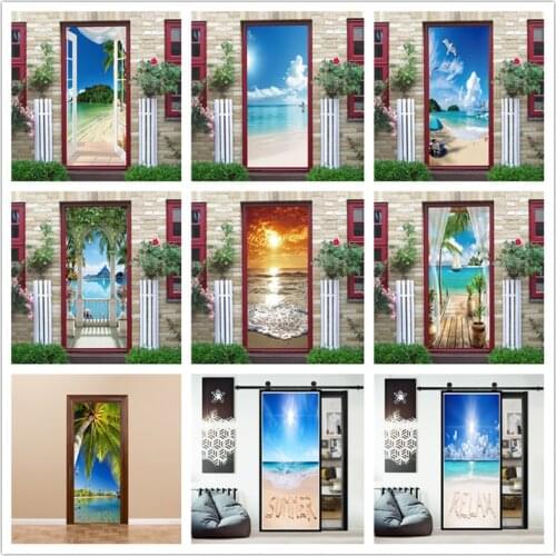 3D Wallpaper Door Stickers Self Adhesive Summer Posters Beach Sea Scenery Door Murals Home Design Decoration Decal vinilo puerta