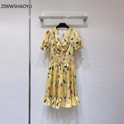 ZIWWSHAOYU Summer Fashion Women Knee-Length Dress V-Neck Short Sleeve Folds High Waist Slim Lily Printing Ruffles Hem Dresses