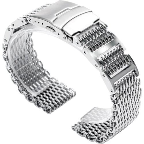 20mm 22mm 24mm Luxury Silver Stainless Steel Shark Mesh Watch Band Men Women Replacement Wrist Watch Bands Strap Fold Over Clasp
