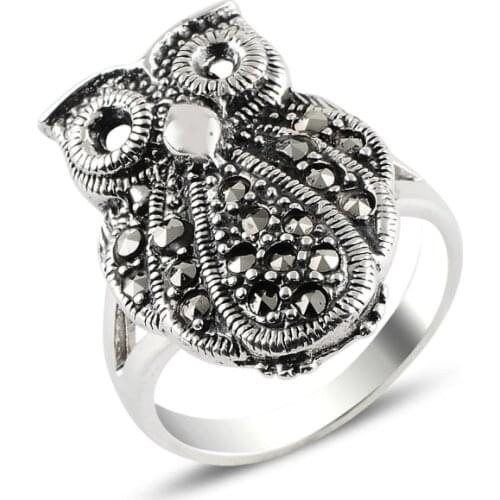 Silver 925 Sterling Owl Marcasite Ring