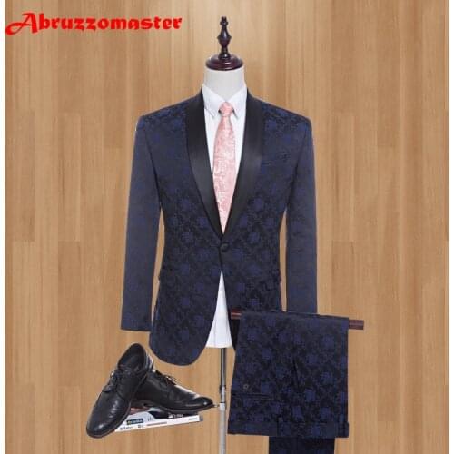 Blue Lace jacquard Men Suits with Pants S-4XL Fashion 2020 Brand Men Slim Fit 3 Pieces Shawl Lapel Wedding Suit (Jacket+Pant)