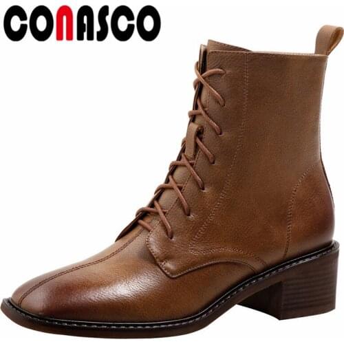 CONASCO Fashion Women Ankle Boots Autumn Winter Warm Cow Leather Basic Prom Office Lady Shoes Concise Lace Up Zipper Boots Woman