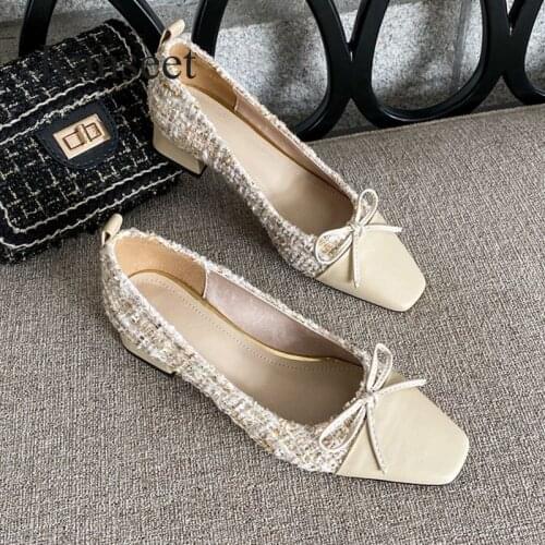 Kanseet Women Pumps Butterfly-Knot Square Toe Patchwork 2021 Spring Autumn Shallow Dress Mid Heels Female Shoes Black Apricot