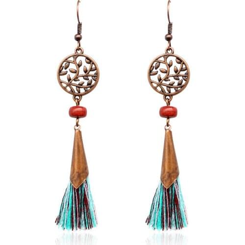 Antique Vintage Bohemian Ethnic Tassel Fringe Leaf Stones Earrings For Women Girls Anniversary Wedding Party Jewelry Charms