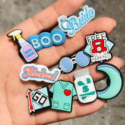 10Pcs Color Blue Rings GO Free Parking Good Vibes PVC Shoe Charms Decoration Accessories Buckle For Wristband Kid Gift