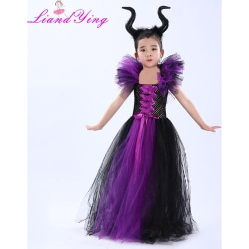 2PCS Halloween Dresses For Girls 2y-12y disfraz halloween Dress+Horn Girls' Costume Witch Sets Girl Princess Costume