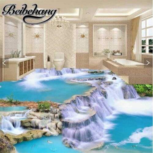 Beibehang Floor painting 3D Water Falls Wallpaper clear river stone Bathroom Floor PVC Wallpaper Self-adhesive Floor Wallpaper