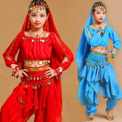 5pc/set Girl Belly Dance Costumes for Kids Dance Costumes Children Kid Indian Stage Long Sleeve Top Belt Skirt Veil Headpiece